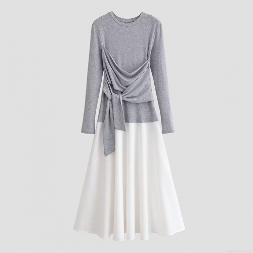 Women's Long Sleeve Patchwork Maxi Dress Elegant Grey White Crew Neck High Waist Tie A-Line Gown 100% Polyester Casual Spring Party Dress For Women
