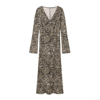 Women's Sexy Leopard Print Long Sleeve Maxi Dress Slim Fit V-Neck Empire Waist Pleated Bodycon Long Dresses For Party Club Ladies Fashion