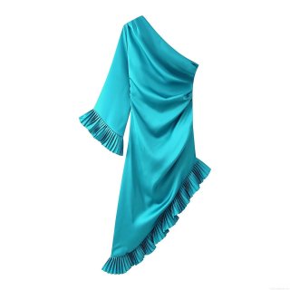 Women's Sexy One Shoulder Long Sleeve Satin Maxi Dress Elegant Asymmetrical Ruffle Hem Pleated Bodycon Evening Party Dress