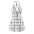 Women Plaid Halter Backless Mini Dress Sexy V Neck Lace Trim Button Down A-Line Short Dress Summer Party Clubwear Fashion Cotton Outfit