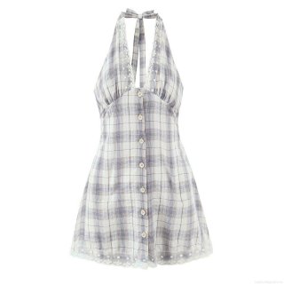 Women Plaid Halter Backless Mini Dress Sexy V Neck Lace Trim Button Down A-Line Short Dress Summer Party Clubwear Fashion Cotton Outfit