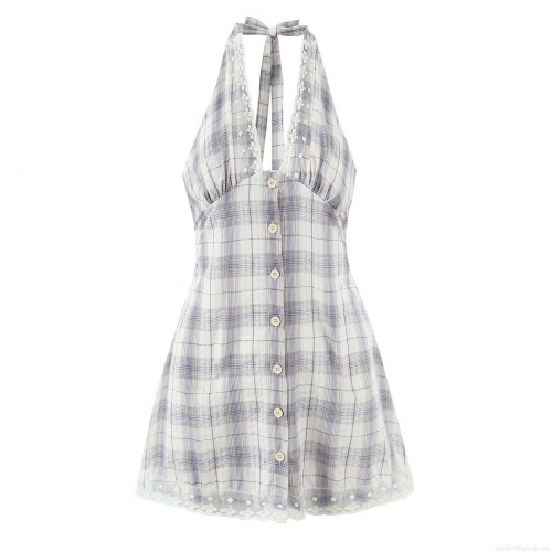 Women Plaid Halter Backless Mini Dress Sexy V Neck Lace Trim Button Down A-Line Short Dress Summer Party Clubwear Fashion Cotton Outfit
