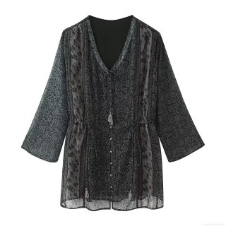 Women Retro Printed Mini Dress V-Neck Long Sleeve Metallic Thread Chiffon Sexy Drawstring Waist Tassel Casual Party Holiday Short Dress