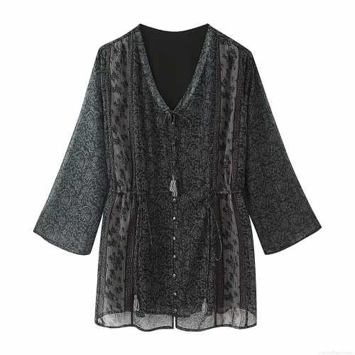 Women Retro Printed Mini Dress V-Neck Long Sleeve Metallic Thread Chiffon Sexy Drawstring Waist Tassel Casual Party Holiday Short Dress