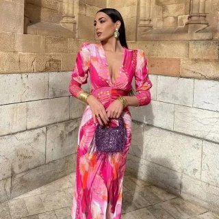 Women's Elegant V-Neck Ruched Printed Midi Dress Sexy Abstract Floral Long Sleeve Slim Fit Bodycon Dress For Party Club Wedding Guest Vacation