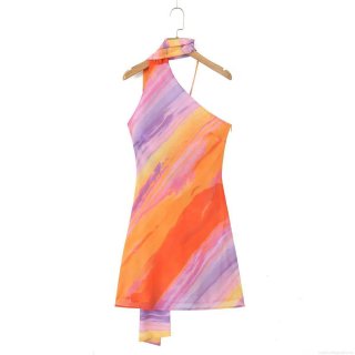 Sexy Halter Backless Mini Dress Women Polyester Spandex Gradient Tie-Dye Print Asymmetric Slant Shoulder Slim Fit Bodycon Party Vacation Clubwear
