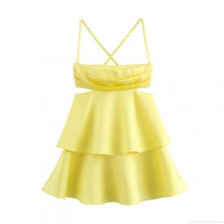 Sexy Yellow Satin Midi Dress For Women Elegant Ruched Layered Bodycon Cami Dress Cross Back Cutout Party Clubwear Wedding Guest Banquet