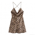 Women Sexy Leopard Print Satin Slip Mini Dress Backless Criss Cross Cami Dress Cowl Neck Sleeveless Party Club Nightwear Summer Bodycon Short Dress