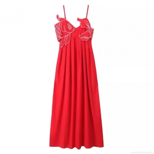Sexy Red Fish Embroidery Camisole Midi Dress Women Elegant Ruched Slim Fit Bodycon Sheath Dress For Party Clubwear Vacation Summer Apparel