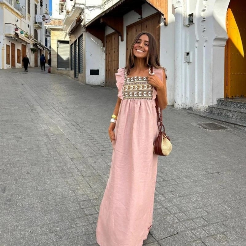 Women's Elegant Square Neck Ruffle Sleeve Maxi Dress Ethnic Embroidered High Waist Side Split Long Dress Polyester Cotton Linen For Summer Vacation