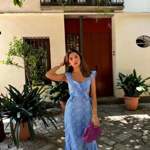 Women's Blue Eyelet Embroidery Midi Dress Ruffle Sleeve Layered Hollow Out Sexy Vacation A-Line Dress In Polyester Cotton Blend