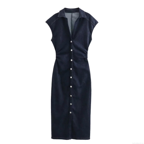 Women's Sexy Slim Fit Sleeveless Denim Midi Dress Single Breasted Button Down Shirt Dress For Summer Casual Party Dating Streetwear