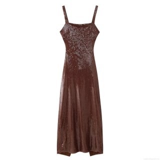 Women's Sexy Sequin Spaghetti Strap Maxi Dress Backless Waist Cut Out Bodycon Party Evening Gown Elegant Chocolate Brown Long Dress For Nightclub Wedding Guest