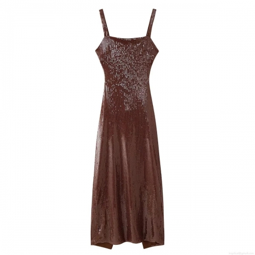 Women's Sexy Sequin Spaghetti Strap Maxi Dress Backless Waist Cut Out Bodycon Party Evening Gown Elegant Chocolate Brown Long Dress For Nightclub Wedding Guest