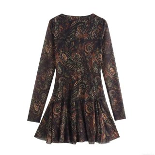 Women Vintage Paisley Print Mesh Mini Dress Long Sleeve Round Neck Elegant A-Line Mesh Dress For Party Socialite Style Retro Brown Dress