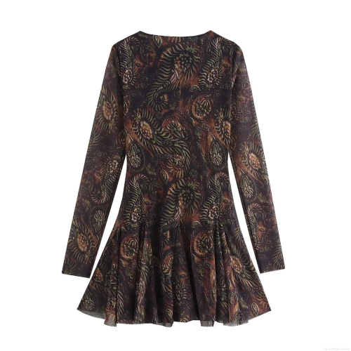 Women Vintage Paisley Print Mesh Mini Dress Long Sleeve Round Neck Elegant A-Line Mesh Dress For Party Socialite Style Retro Brown Dress