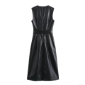 Women's Faux Leather Sleeveless Round Neck Midi Dress With Belt Elegant Black PU Leather Solid Color Back Zipper Slim Fit A-Line Street Party Dress
