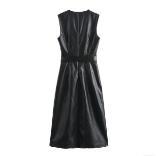 Women's Faux Leather Sleeveless Round Neck Midi Dress With Belt Elegant Black PU Leather Solid Color Back Zipper Slim Fit A-Line Street Party Dress