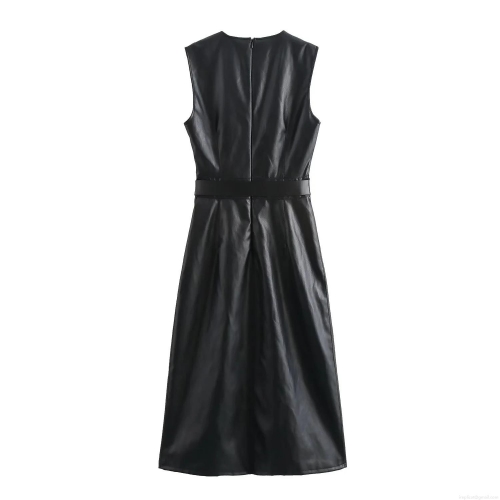 Women's Faux Leather Sleeveless Round Neck Midi Dress With Belt Elegant Black PU Leather Solid Color Back Zipper Slim Fit A-Line Street Party Dress