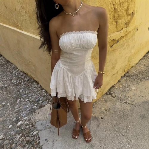 Elegant White Lace Tube Top Mini Dress For Women Summer Vacation Party Sweet Tiered Smocked Bodycon A-Line Dress