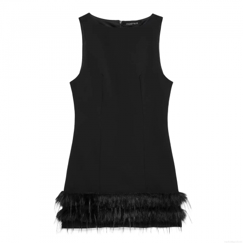 Women's Sleeveless Round Neck Little Black Dress with Synthetic Feather Hem Trim Elegant Bodycon Mini Party Evening Dress for Ladies