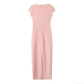 Women Elegant Square Neck Midi Dress With Belt Short Sleeve Back Slit Polyester Pink Bodycon Dress For Party Evening Dating