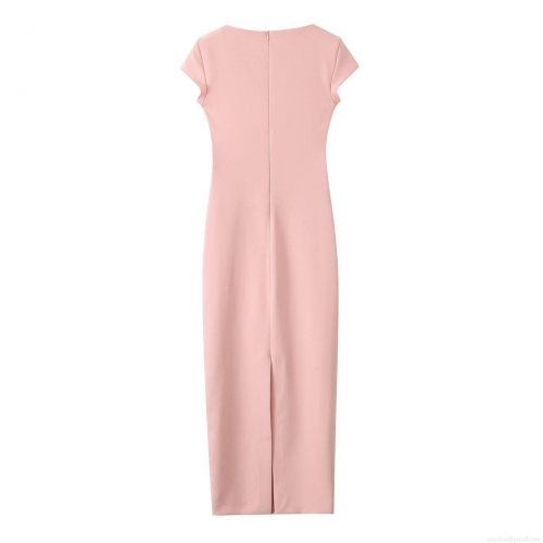 Women Elegant Square Neck Midi Dress With Belt Short Sleeve Back Slit Polyester Pink Bodycon Dress For Party Evening Dating