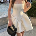 Women's Elegant White Satin Mini Dress Square Neck Sleeveless Corset Bone Waist Slimming Puff Hem Skirt Evening Party Cocktail Wedding Guest Dress