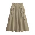 Women's High Waist Cargo Midi Skirt Khaki A-Line Workwear Skirt With Large Flap Pockets And Metal Buckles Elegant Commute Streetwear Skirt