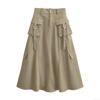 Women's High Waist Cargo Midi Skirt Khaki A-Line Workwear Skirt With Large Flap Pockets And Metal Buckles Elegant Commute Streetwear Skirt