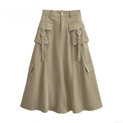 Women's High Waist Cargo Midi Skirt Khaki A-Line Workwear Skirt With Large Flap Pockets And Metal Buckles Elegant Commute Streetwear Skirt