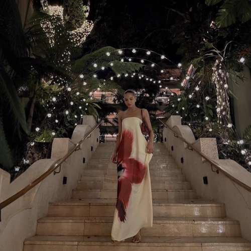 Women's Elegant Strapless Maxi Dress Polyester Abstract Floral Print Backless Long Dress With Leather Buckle For Summer Vacation Party