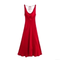 Women's Red Satin Cowl Neck Maxi Dress Elegant Sleeveless Backless Tie-Up Spaghetti Strap Evening Party Slip Dress