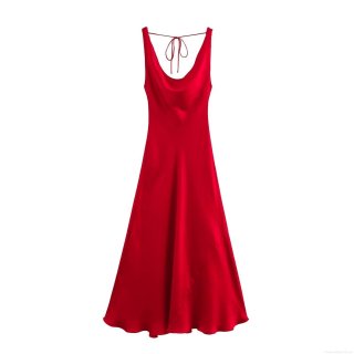Women's Red Satin Cowl Neck Maxi Dress Elegant Sleeveless Backless Tie-Up Spaghetti Strap Evening Party Slip Dress