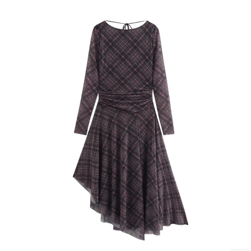 Women's Elegant Plaid Mesh Midi Dress Long Sleeve Ruched Irregular Hem Back Tie Evening Party Bodycon Dress