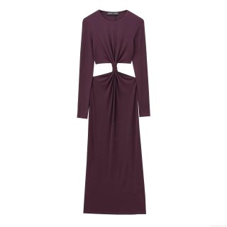 Elegant Wine Red Long Sleeve Maxi Dress Hollow Out Waist Twist Front Slim Fit Polyester Solid Color Evening Party Banquet Cocktail Socialite Gown
