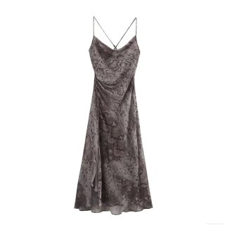 Women's Sexy Snake Print Cowl Neck Cami Maxi Dress Backless Cross Straps Side Slit Polyester Chiffon Long Party Evening Dress