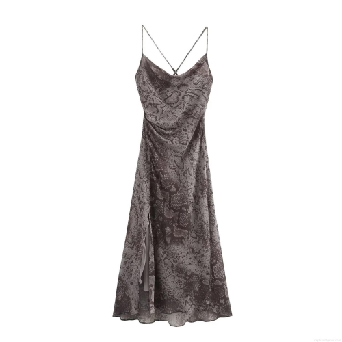 Women's Sexy Snake Print Cowl Neck Cami Maxi Dress Backless Cross Straps Side Slit Polyester Chiffon Long Party Evening Dress