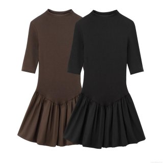 Women's Half High Collar Ribbed Knit Spliced Pleated Mini Dress Solid Color Slim Fit A-Line Half Sleeve Party Elegant Dress