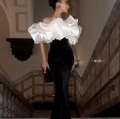 Women Elegant Black Velvet Maxi Dress With White Satin Ruffle Off Shoulder Neckline Sexy Backless Bodycon Evening Party Gown Wedding Guest Dress