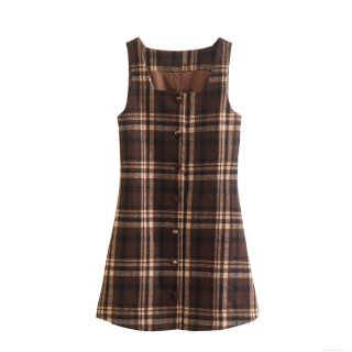 Retro Plaid Sleeveless Midi Dress Square Neck Single Breasted Back Tie Woolen Tweed Dress For Women Spring Autumn Elegant Silhouette A-Line Dress