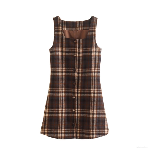 Retro Plaid Sleeveless Midi Dress Square Neck Single Breasted Back Tie Woolen Tweed Dress For Women Spring Autumn Elegant Silhouette A-Line Dress