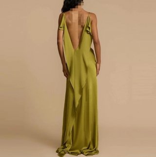 Elegant Satin Backless Maxi Dress With High Split V-Neck Sleeveless Sexy Party Evening Gown For Women Celebrity Style Formal Dress