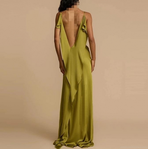 Elegant Satin Backless Maxi Dress With High Split V-Neck Sleeveless Sexy Party Evening Gown For Women Celebrity Style Formal Dress