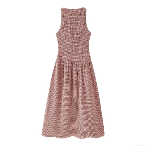 Women's Elegant Red White Gingham Smocked Maxi Dress Sleeveless Round Neck Shirred A-Line Summer Vacation Beach Party Polyester Long Dresses