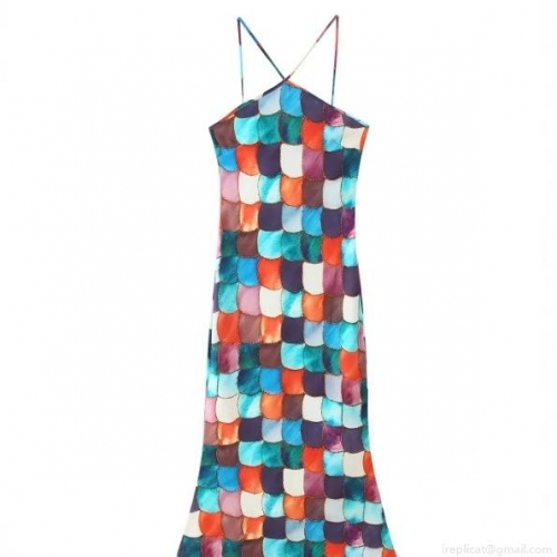 Women's Colorful Fish Scale Print Halter Maxi Dress Sexy Backless Elegant Summer Beach Party Dress Slim Fit Sleeveless Polyester Resort Wear Sundress