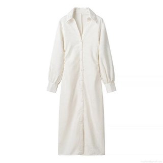 Women's Elegant White Jacquard Maxi Shirt Dress Long Sleeve Lapel Single Breasted Drawstring Waist Elegant Party Casual Office Dress