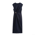 Women's Elegant Navy Blue Denim Texture Maxi Dress Sleeveless Round Neck Slit Hem With Gold Metal Ring Embellishment Slim Fit Party Evening Long Dress
