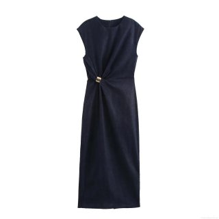 Women's Elegant Navy Blue Denim Texture Maxi Dress Sleeveless Round Neck Slit Hem With Gold Metal Ring Embellishment Slim Fit Party Evening Long Dress