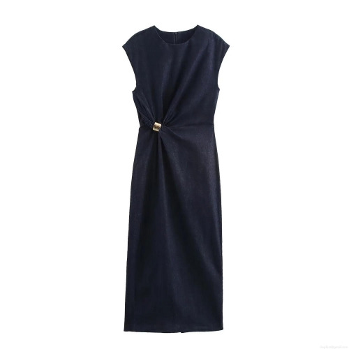 Women's Elegant Navy Blue Denim Texture Maxi Dress Sleeveless Round Neck Slit Hem With Gold Metal Ring Embellishment Slim Fit Party Evening Long Dress